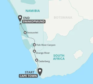 7 Day Cape Town to Namib Desert Tour Map