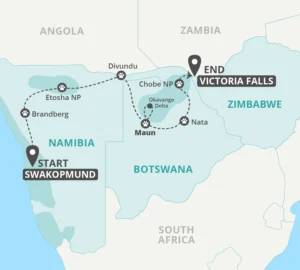 12 Day Namibia, Botswana & Victoria Falls Tour Map