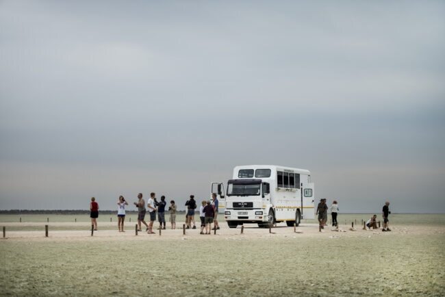 Overland vehicle parked for camp set up in Etosha Pan