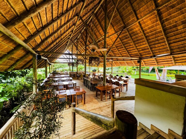 view of the inside of a lapa dining area with chairs and tables with lush green grass in the background