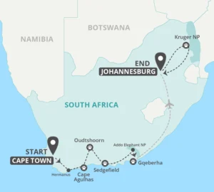 Map of Garden Route and Kruger Tour