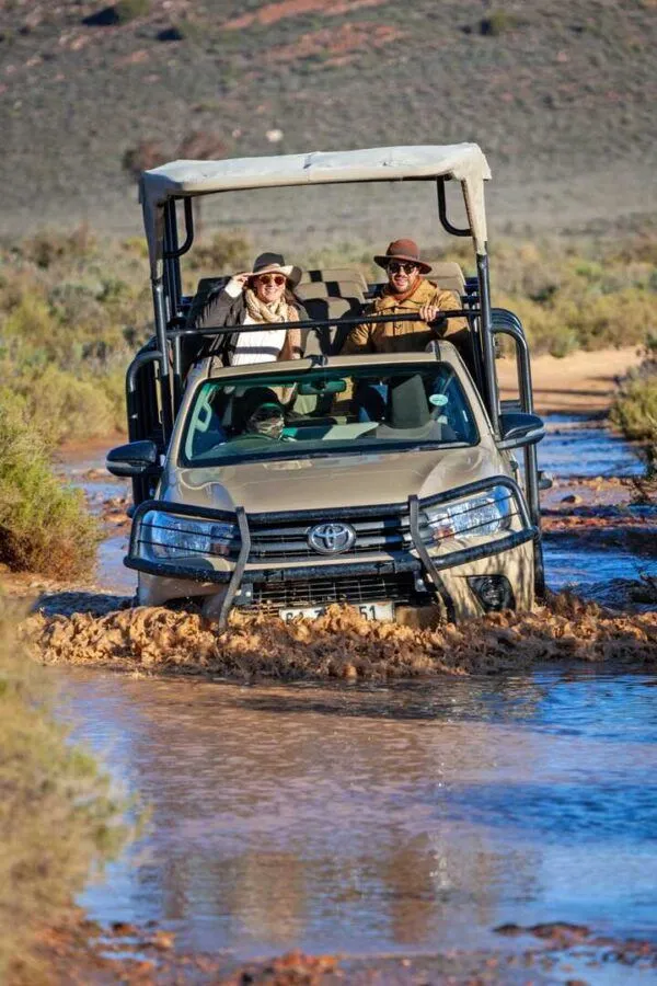 the front of a safari vehicle while it is driving through muddy waters on a safari