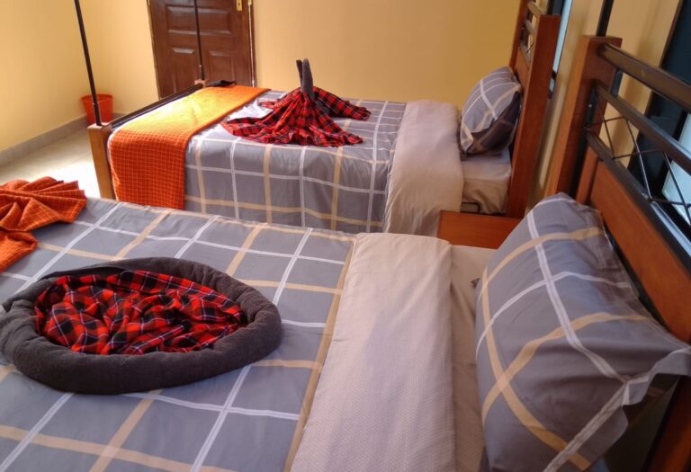 bedroom with 2 beds and red checked blankets
