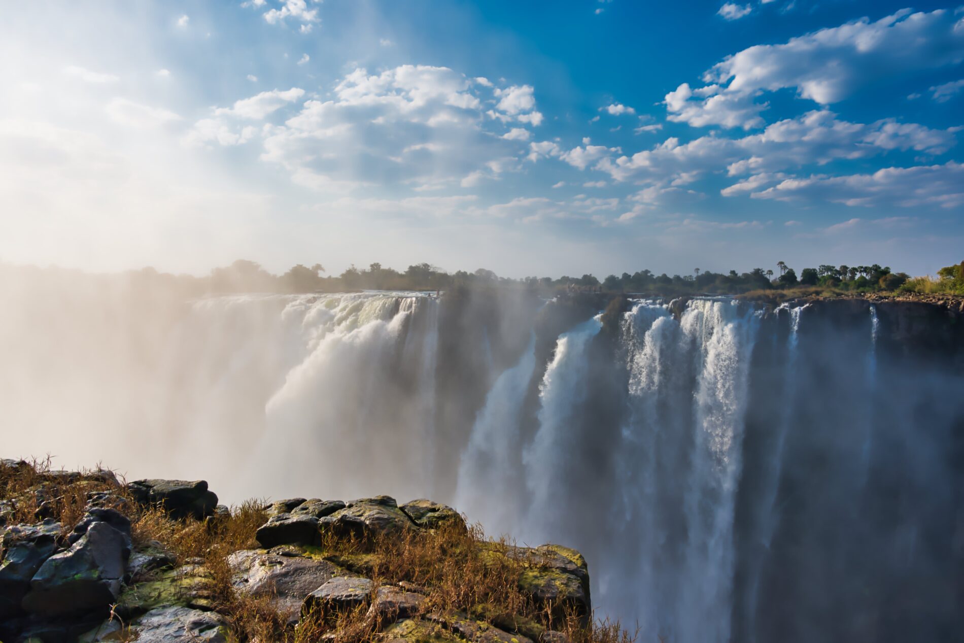 water flowing over the falls at Victoria falls Zimbabwe.