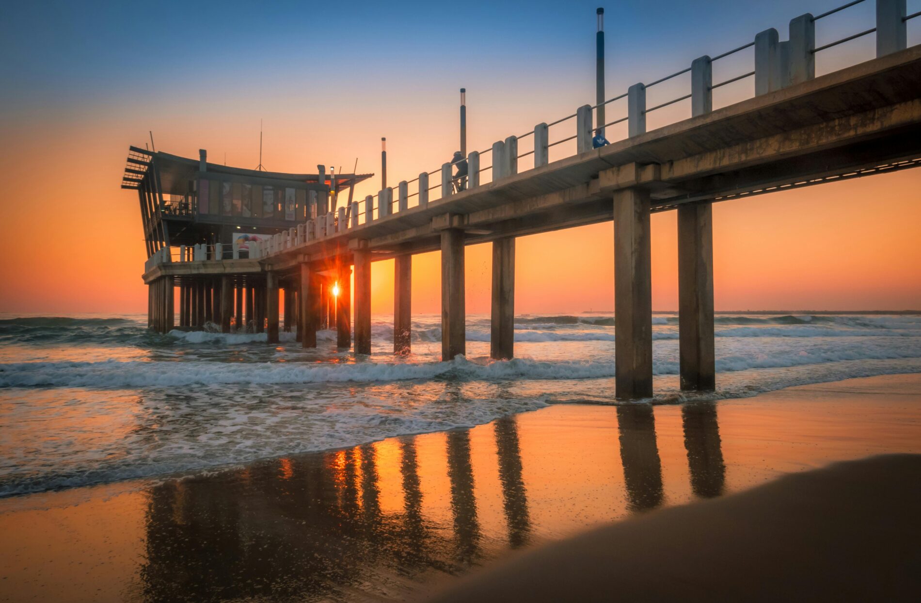 Durban beach pier at sunset.