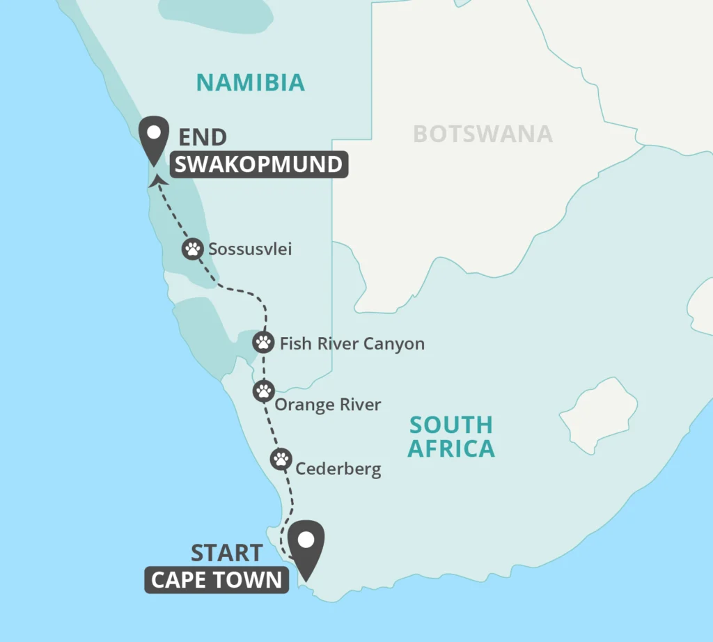 7 Day Cape Town to Namib Desert Tour Map