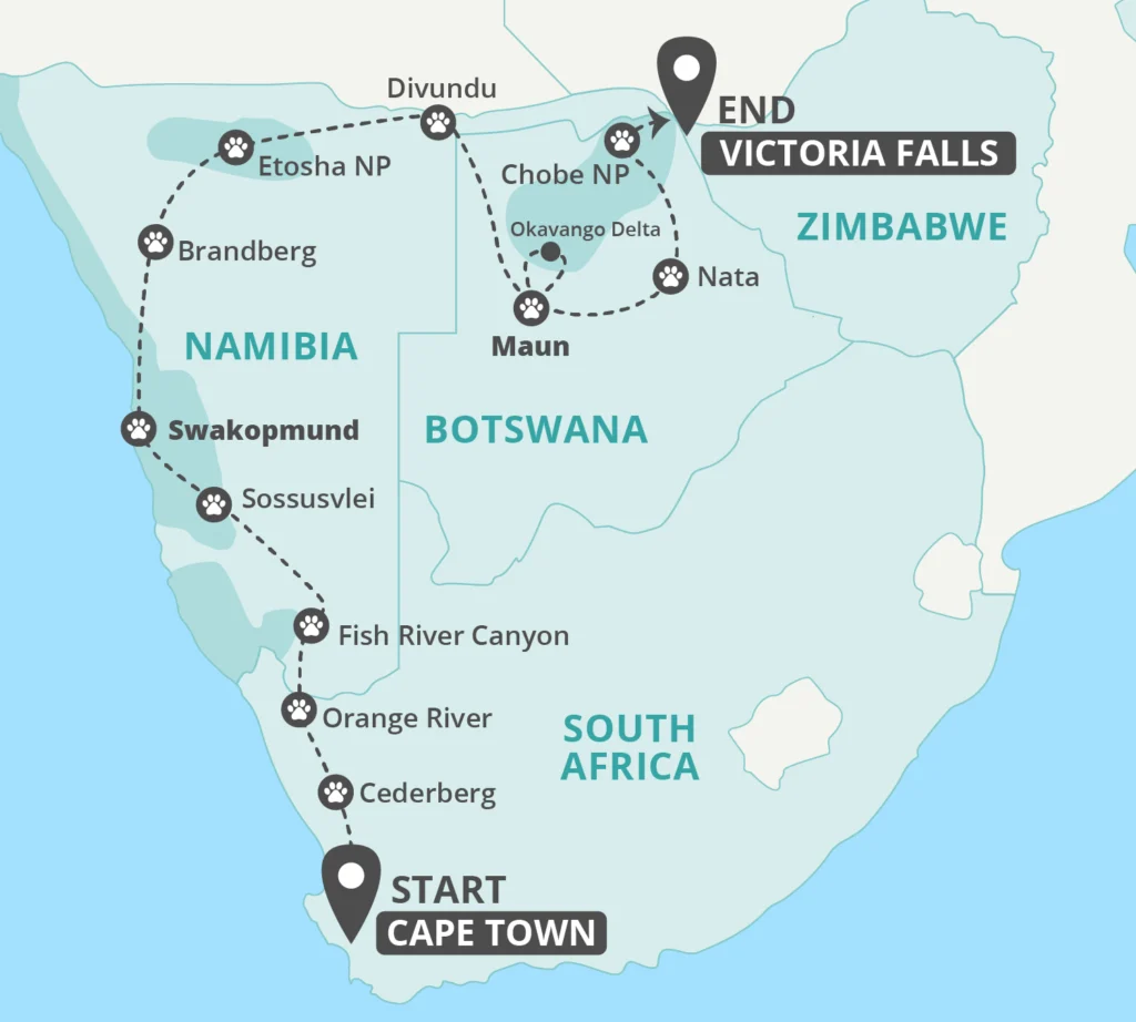 20 Day Cape Town to Victoria Falls Tour Map