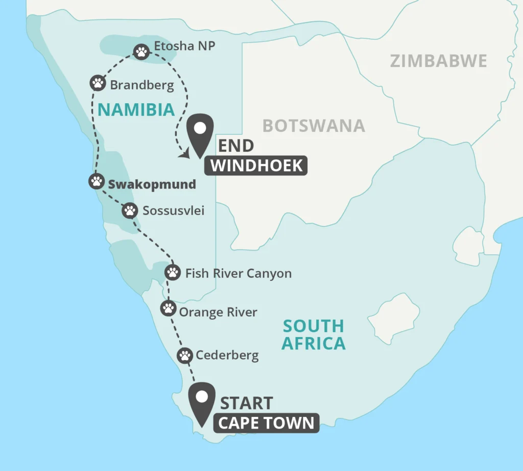 12 Day Best of Namibia Cape Town to Windhoek Tour Map