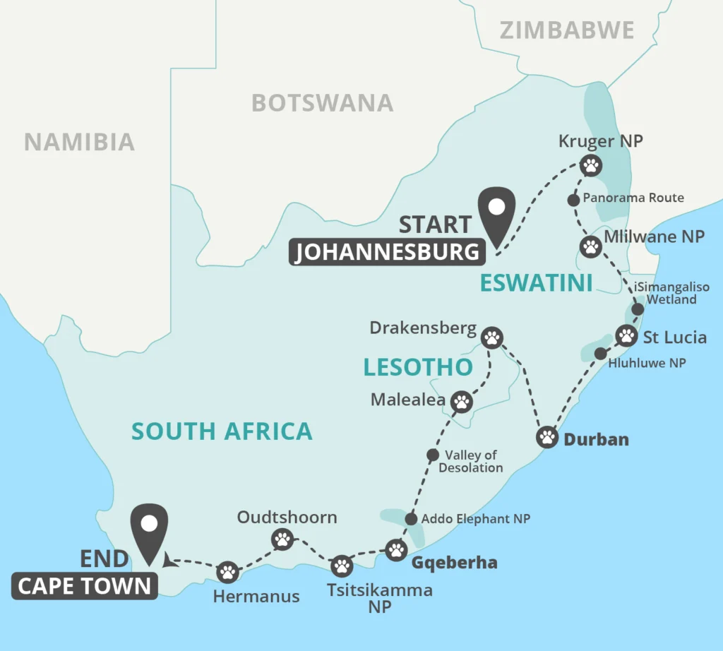 Johannesburg to Cape Town Small Group Tour Map