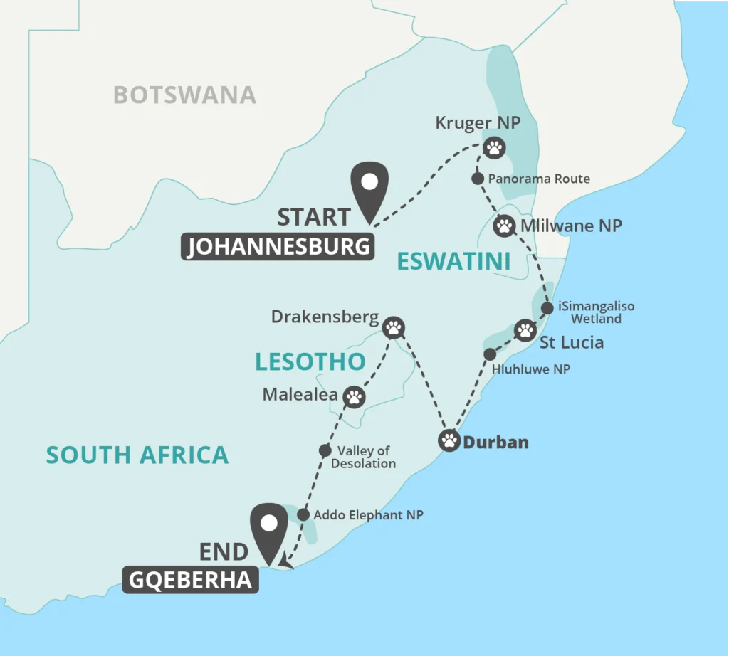 14 Day South Africa, Eswatini and Lesotho Tour Map