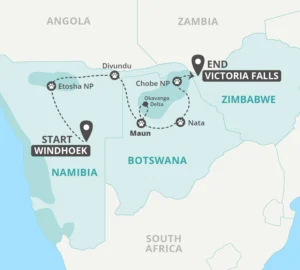 9 Day Windhoek to Botswana & Victoria Falls Tour Map