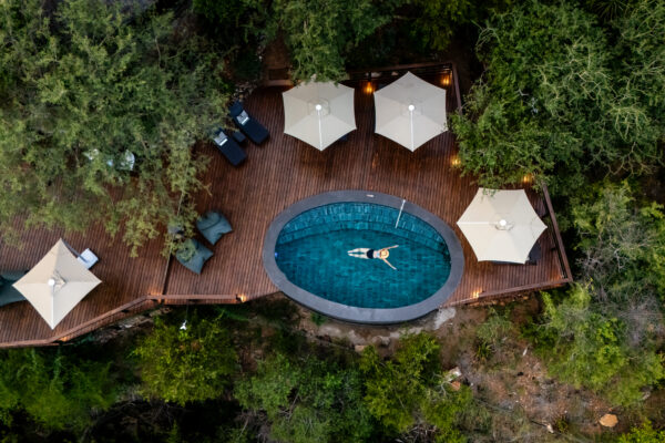 aerial photo of person in swimming pool on deck