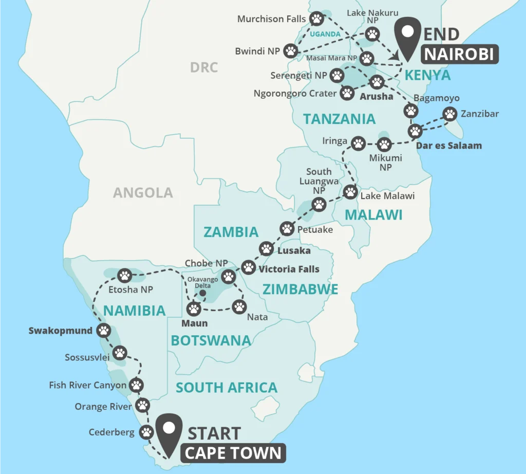 57 Day Best of Africa - Northbound Tour Map