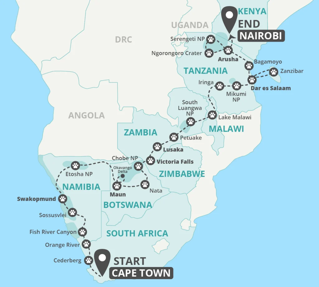 42 Day South Africa to Kenya Tour Map
