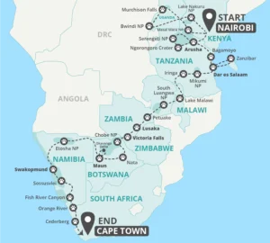 57 Day Best of Africa - Southbound Tour Map