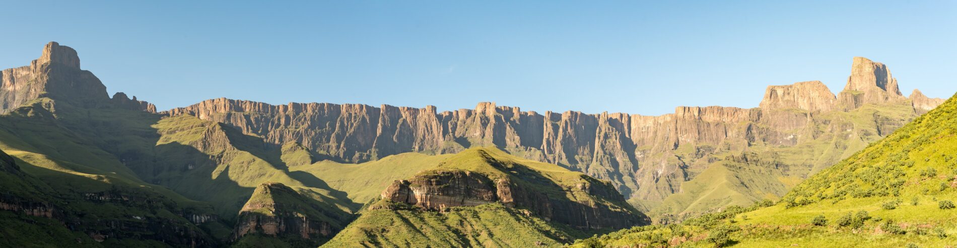 A view of the Amphitheatre in the Kwazulu-Natal Drakensberg with the Sentinel on the far right