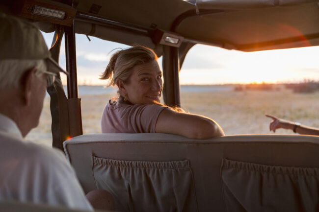 Family in safari vehicle, Kalahari Desert, Makgadikgadi Salt Pans, Botswana