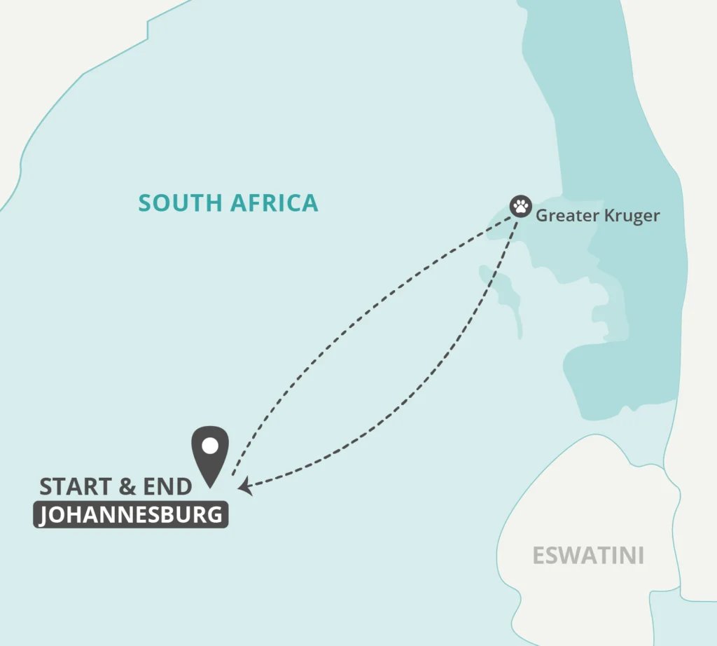 Johannesburg to Kruger National Park tour map.