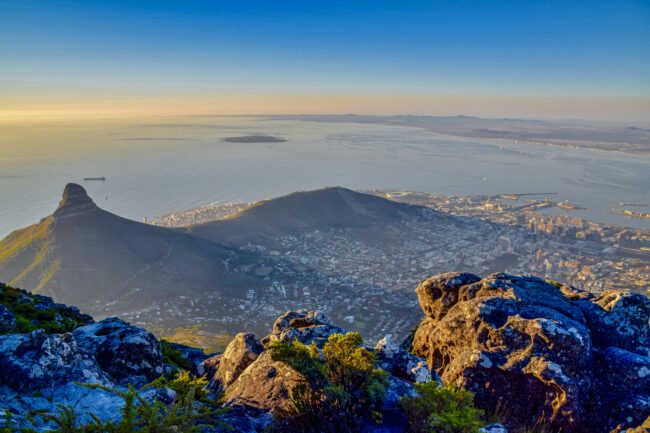 View of Cape Town and Lions Head from top of Table Mountain.