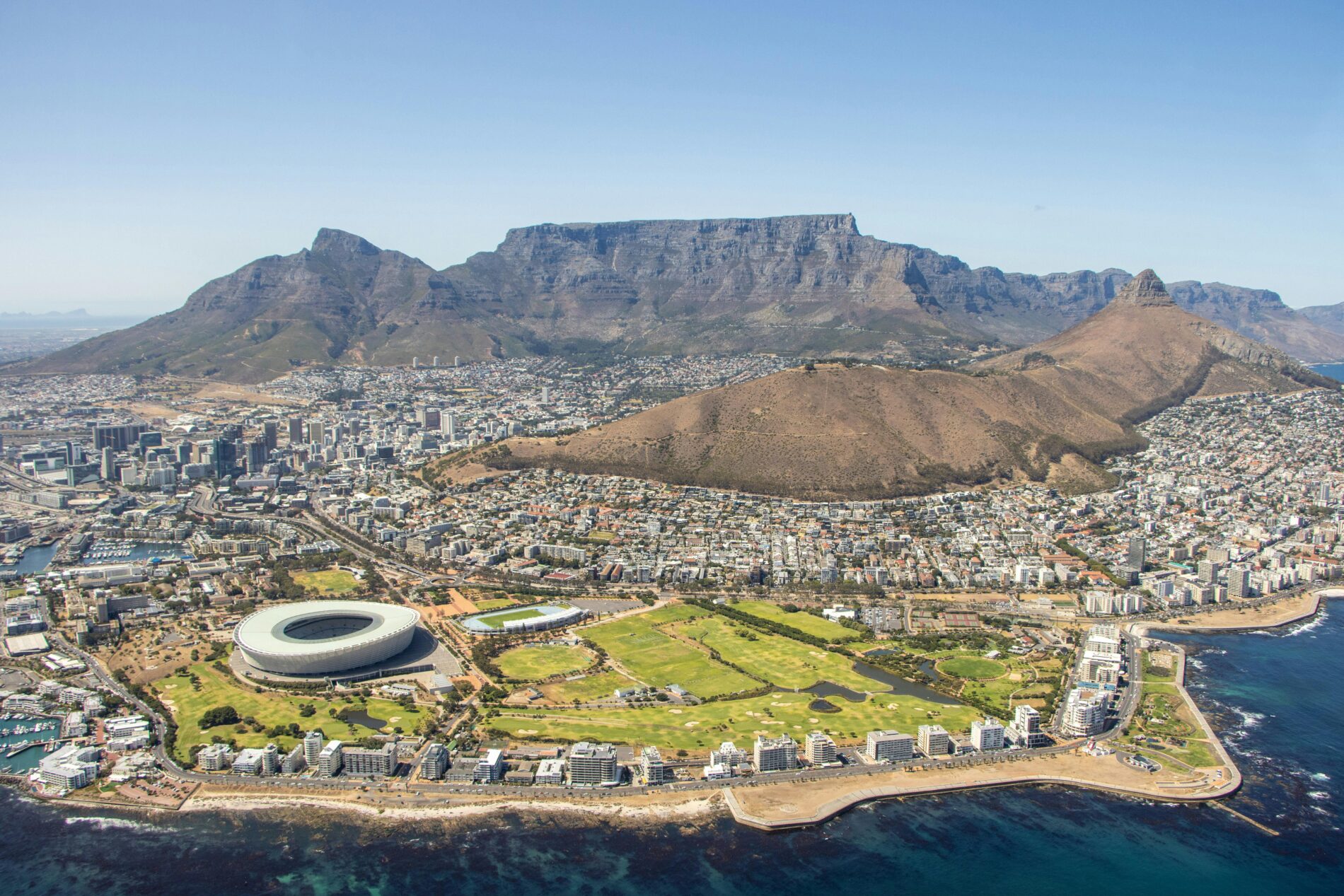Aerial view of Table Mountain, stadium and Cape Town area.