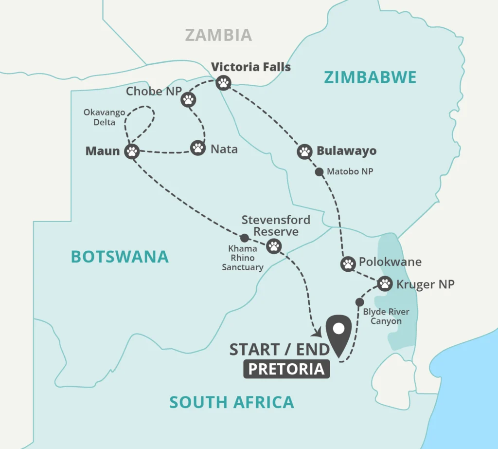 14 Day Best of Southern Africa Tour Map