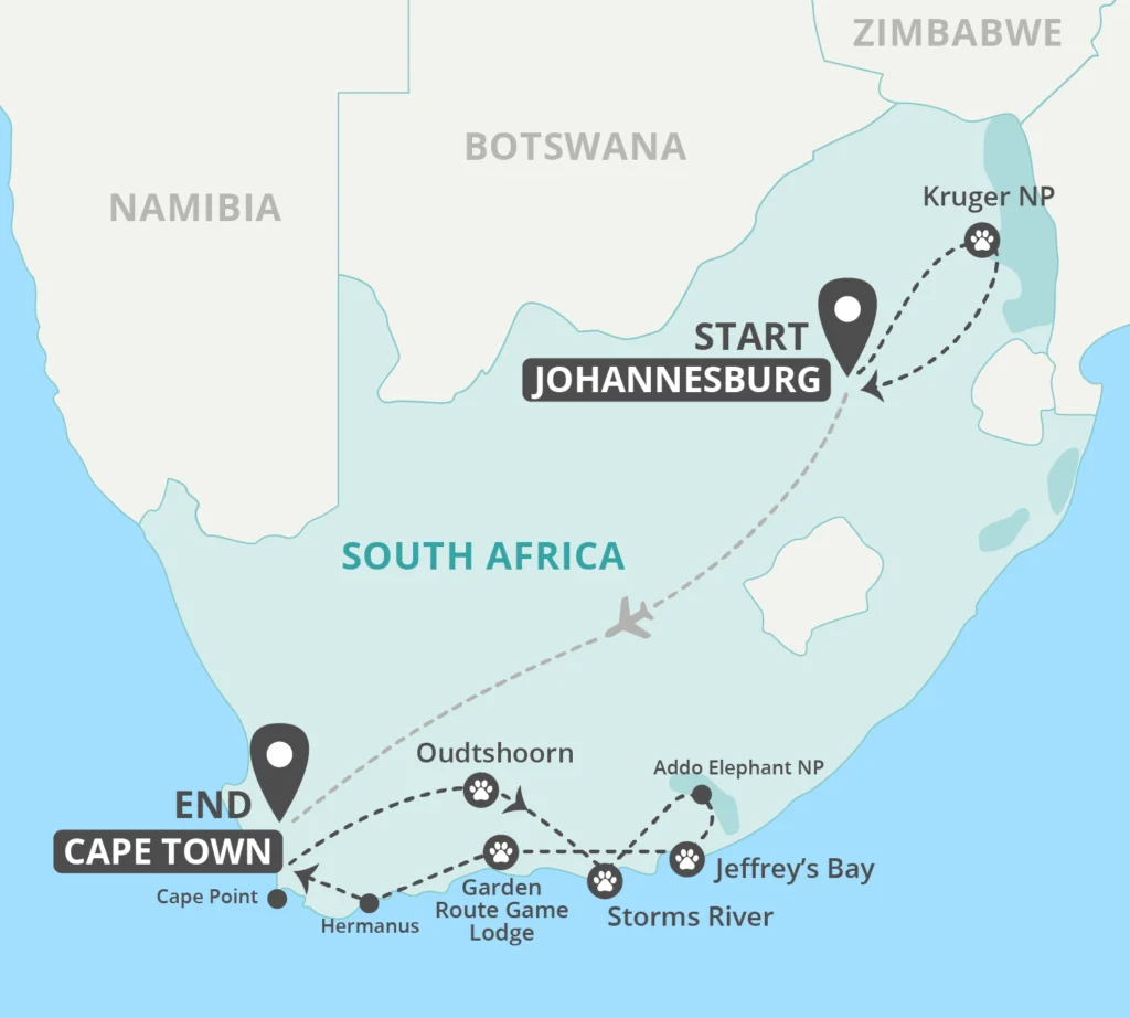 Map of Kruger and Garden Route Tour