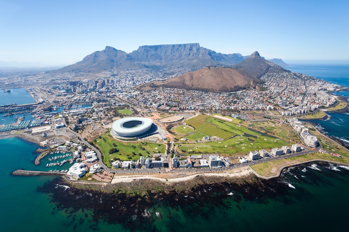 aerial view of cape town with views of table mountain and the stadium