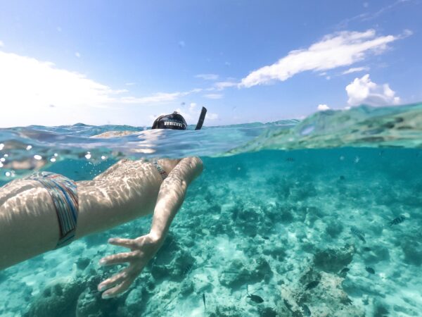 woman snorkeling in the sea with fishes in the distance