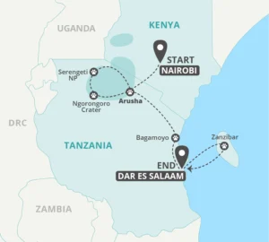 10 Day Serengeti, Ngorongoro and Zanzibar Tour Map