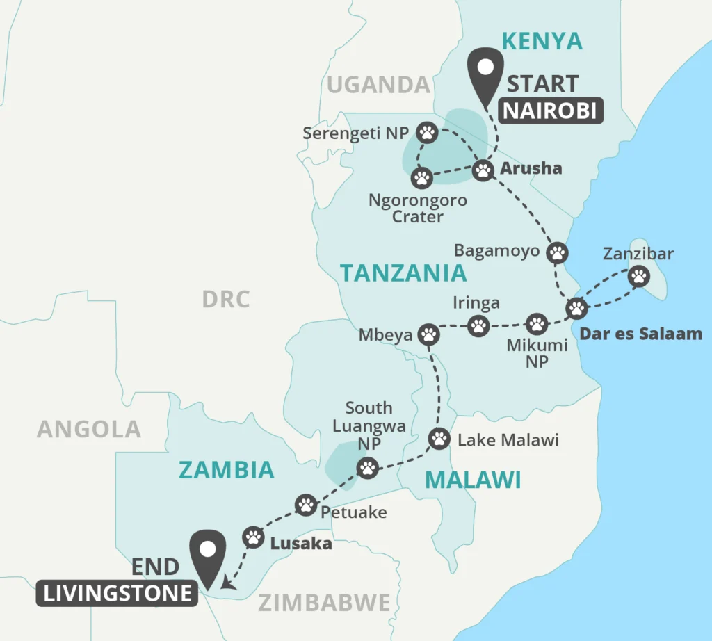 22 Day East African Explorer Tour Map