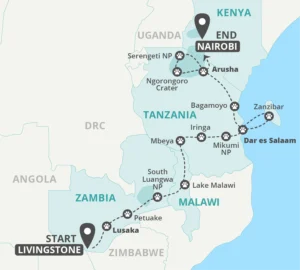 22 Day Victoria Falls to Nairobi Tour Map