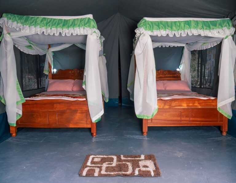 a fixed tents inside with two canopy beds and a matt on the floor