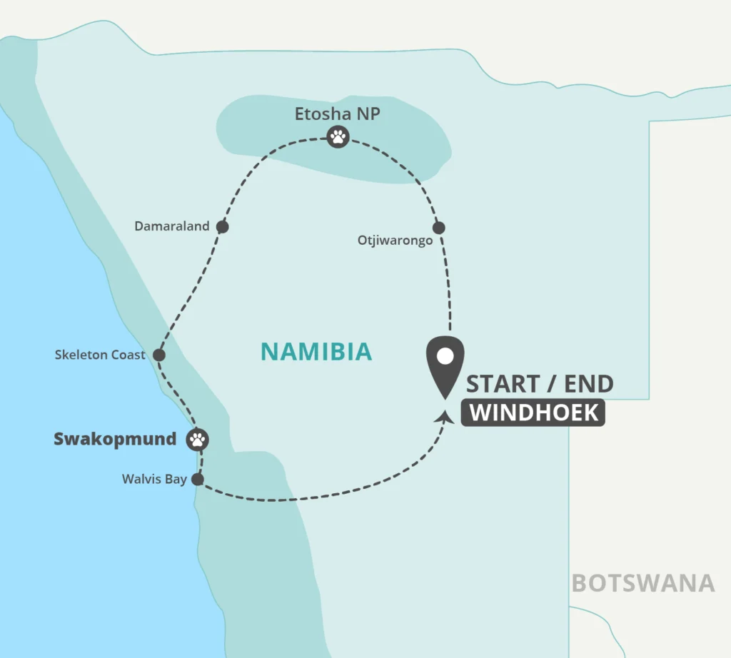 Map of 4 day etosha and swakopmund lodge safari