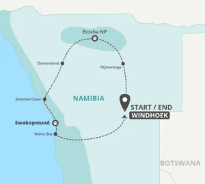 Map of 4 day etosha and swakopmund lodge safari