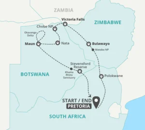 12 Day Delta, Chobe & Victoria Falls Loop Tour Map