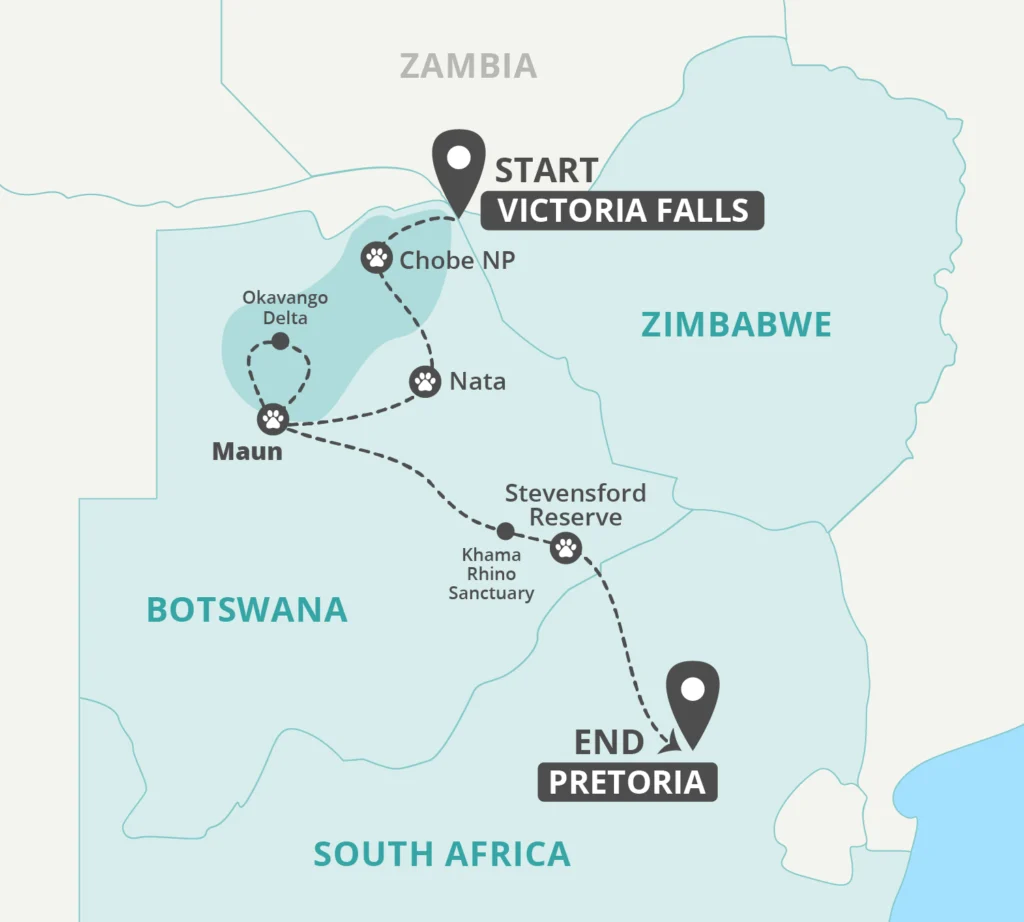 7 Day Best of Botswana Exclusive Tour Map