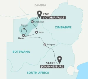 8 Day Okavango Delta, Chobe & Victoria Falls Tour Map
