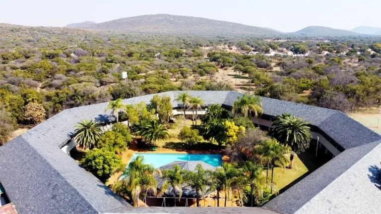 Aerial view of lodge with palm trees