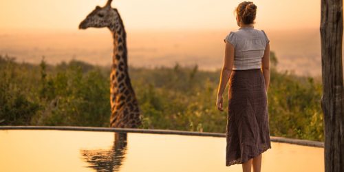 a woman wearing a brown skirt standing at the edge of a pool looking at a giraffe during sunset